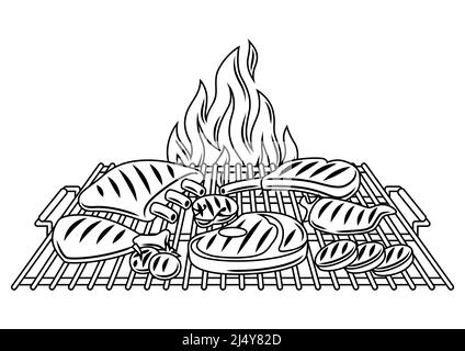 Illustration du barbecue avec objets et icônes du gril. Cuisine stylisée et menu du restaurant. Illustration de Vecteur