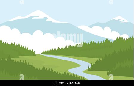 Paysage d'été de la nature. Panorama avec forêts de conifères vertes, champs, montagnes et ciel bleu avec nuages. Paysage rural. Illustration vectorielle plate Illustration de Vecteur
