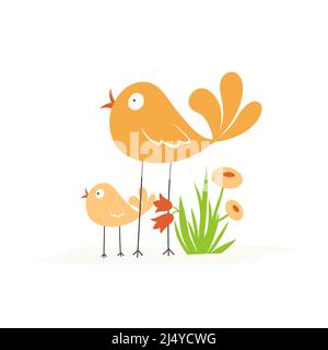 Oiseau de dessin animé avec un poussin et un buisson d'herbe avec des fleurs sur un fond blanc. Illustration vectorielle. Illustration de Vecteur