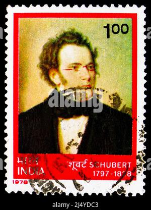 MOSCOU, RUSSIE - 27 MARS 2022 : le timbre-poste imprimé en Inde montre Franz Schubert (1797-1828), série anniversaire de la mort 150th, vers 1978 Banque D'Images