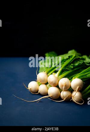 Radis blancs sur une surface sombre Banque D'Images