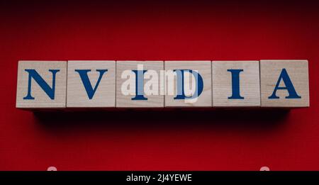 31 janvier 2022. Santa Clara, Californie. Le nom de la société Nvidia, en cubes de bois. Banque D'Images