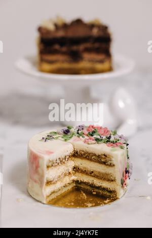 Tranche de gâteau tiramisu bento. Présentation du gâteau dans la section. Dessert sucré pour une personne. Petit gâteau d'anniversaire. Arrière-plan d'autres gâteaux bento Banque D'Images