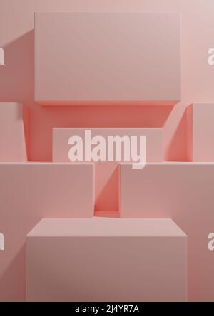 Pastel, rouge clair, rose saumon 3D rendu produit affichage fond simple, minimal, papier peint géométrique avec support podium pour la photographie de produit Banque D'Images