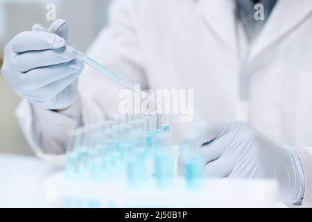 Mains gantées d'un scientifique mâle en whitecavoine tenant une pipette sur l'un des flacons contenant du liquide bleu pendant l'expérience scientifique Banque D'Images