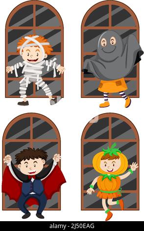 Ensemble de différents enfants dans l'illustration du thème d'Halloween Illustration de Vecteur