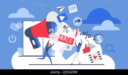 Stratégie de publicité numérique de marketing en ligne. Message de relations publiques et d'annonce dans les médias sociaux, les ventes de marché et la campagne de marque avec le mégaphone et les minuscules personnes illustration vectorielle plate Illustration de Vecteur