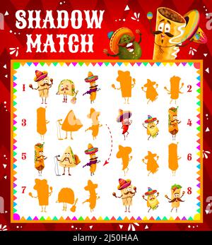 Shadow Match jeu pour enfants avec tacos mexicains de dessin animé, churos et quesadilla, burrito et nachos, jalapeno caractères. Les enfants trouvent des activités de jeu d'ombre, casse-tête d'enfants avec la nourriture mexicaine Illustration de Vecteur