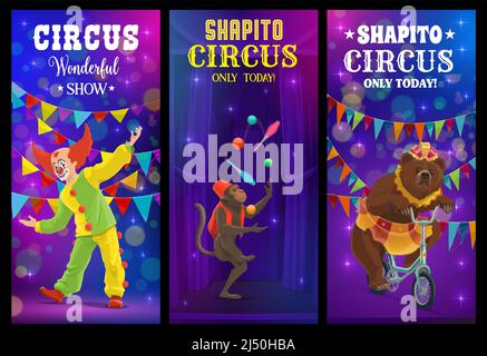 Clown et animaux de la bande dessinée du cirque de Shapito. Bannières vectorielles avec artistes sur scène. Des artistes drôles s'enfourmissent, font du vélo et jonglent avec un singe qui réalise un merveilleux spectacle magique sur une grande arène Illustration de Vecteur