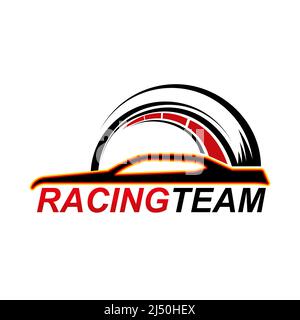 Icône de l'écurie avec indicateur de vitesse et silhouette de voiture. Motorsport conducteur club, garage de réglage de voiture de performance ou emblème de vecteur d'équipe de course de piste, icône avec indicateur de jauge automatique Illustration de Vecteur