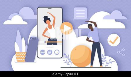 Application de yoga en ligne pour téléphone mobile. Formation de personnes minuscules avec un professeur pour pratiquer des exercices physiques et la méditation dans la leçon vidéo, l'entraînement à l'illustration vectorielle plate. Bien-être, concept de mode de vie sain Illustration de Vecteur