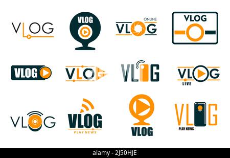 Icônes vlog, diffusion TV en direct et blog vidéo en ligne, symboles vectoriels. Blogger ou vlogger chaîne vidéo et les médias sociaux diffuser des icônes d'application Web avec des boutons de lecteur pour la chaîne vidéo en direct en ligne Illustration de Vecteur