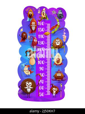 Tableau de hauteur pour enfants, noix magicien de dessin animé et compteur de croissance de graines d'assistant. Autocollant de règle vectorielle de la taille des enfants avec échelle, amande et arachide, grain de café et noisette, noix et noix de coco, noix de cajou Illustration de Vecteur