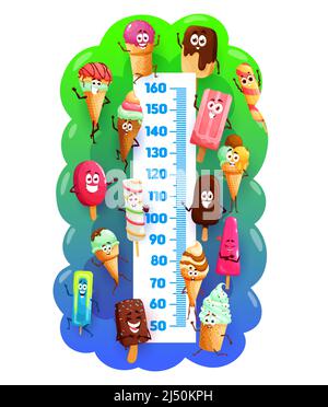 Tableau des hauteurs pour enfants. Crème glacée personnages drôles, vecteur de croissance mètre haute règle. Tableau des hauteurs pour enfants avec pop-glace surgelée, esquimau, dessert, glace au chocolat et au caramel dans un cône de cachets Illustration de Vecteur