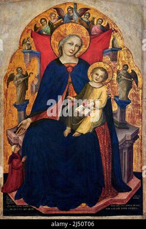 Madonna in trono con Bambino, angeli musicanti e il committente Vulciano Belgarzone di Zara - olio su tavola - Nicolò di Pietro - primo Quarto del X. Banque D'Images