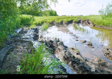 Une route de campagne dans la boue, la boue et l'eau après la pluie. Boue sur la route forestière Banque D'Images