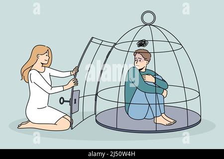 Femme aidant malheureux homme déprimé enfermé dans la cage souffrent d'abus et d'oppression. Homme sans défense sous contrôle et dépendance sauvé par la femme. Abus psychologique. Illustration vectorielle. Illustration de Vecteur