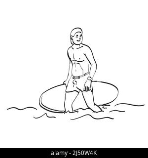 line art homme tenant une planche de surf sur la plage illustration vecteur dessiné à la main isolé sur fond blanc Illustration de Vecteur