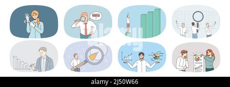 Ensemble de divers employés de bureau travaillent avec des graphiques et des diagrammes explorent les statistiques financières. Collection de gens d'affaires brainstorming développer la mise en route de la finance. Concept bancaire. Illustration vectorielle. Illustration de Vecteur