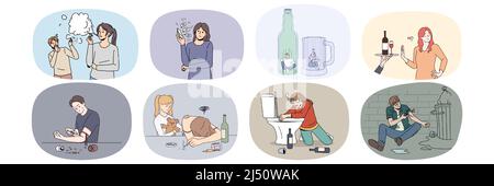 Ensemble de personnes malheureuses et diverses souffrant de dépendances. Collection d'hommes et de femmes aux prises avec un comportement addictif à la drogue et à l'alcool. Soins de santé et mauvaises habitudes. Illustration vectorielle. Illustration de Vecteur