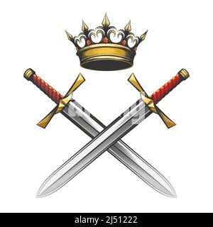 Emblème de la couronne et des Épées dessinées en style gravure isolée sur blanc. Illustration vectorielle. Illustration de Vecteur