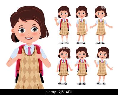 Ensemble de vecteur fille d'élève d'école. Étudiantes 3D personnages dans une expression mignonne et souriante avec des éléments d'uniforme et de sac pour la rentrée scolaire. Illustration de Vecteur