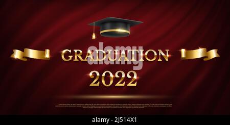 bannière de la cérémonie de remise des diplômes 2022. Concept de récompense avec chapeau universitaire, ruban doré et texte sur fond de rideau rouge foncé Illustration de Vecteur