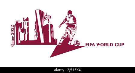 Coupe du monde de la FIFA au Qatar en 2022 bannière. Illustration vectorielle stylisée isolée avec football ou joueur de football avec le ballon sur le fond de la ca Illustration de Vecteur