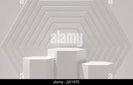 Lumière du soleil de podium hexagonal sur fond hexagonal à motif blanc pour l'affichage des produits. Plate-forme de podium vide. 3D rendu. Banque D'Images