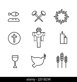 Ensemble d'icônes de la semaine Sainte. Contour noir. Illustration vectorielle, conception plate Illustration de Vecteur
