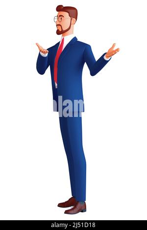3d illustration d'un personnage debout, un homme souriant pointant de ses mains vers le spectateur. Portrait d'un homme d'affaires de dessin animé heureux en lunettes et un Banque D'Images