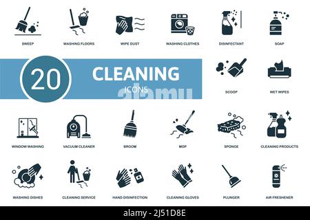 Icône du kit de nettoyage. Contient des illustrations de nettoyage telles que le lavage des sols, le lavage des vêtements, le savon et plus encore. Illustration de Vecteur