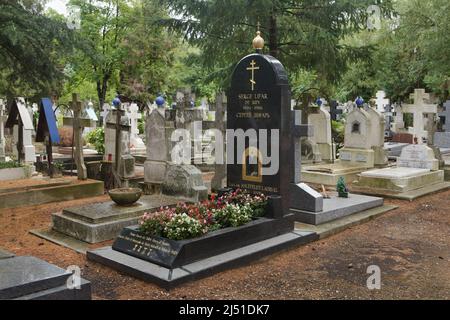 Tombes de la danseuse et chorégraphe ukrainienne Serge Lifar (1905-1986) au cimetière russe de Sainte-Geneviève-des-Bois (Cimetière russe de Sainte-Geneviève-des-Bois) près de Paris, France. Banque D'Images