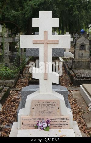 Tombe du peintre russe Zinaida Serebriakova (1884-1967) au Cimetière Russe de Sainte-Geneviève-des-Bois (Cimetière Russe de Sainte-Geneviève-des-Bois) près de Paris, France. Son fils Alexandre (1907-1995) et sa fille Catherine Serebriakoff (1913-2014) qui étaient également peintres sont enterrés ici aussi. Banque D'Images