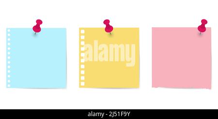 Notes de papier colorées sur la vignette rouge. Autocollant de note de vue du dessus avec broches. Vecteur Illustration de Vecteur