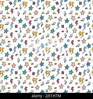 motif de style 90s. Arrière-plan funky et sans couture. Des étoiles simples, des thunders et des éléments de design tendance de memphis sur fond blanc. Illustrati vintage Illustration de Vecteur
