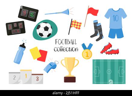 Ensemble football ELEMENTS. Collection vectorielle d'objets de jeu de football isolés sur fond blanc. Illustration plate du ballon pour le sport de football, Equip Illustration de Vecteur