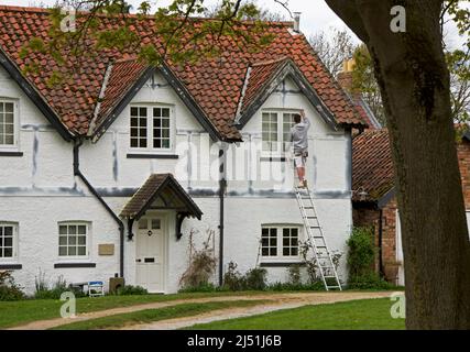 Jeune homme peint maison à colombages dans le village d'Askham Richard, North Yorkshire, Angleterre Banque D'Images