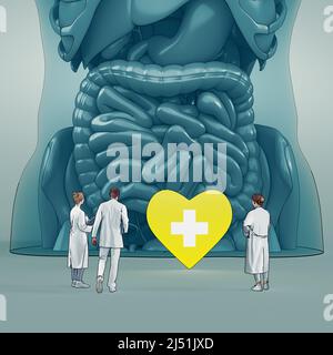 De minuscules scientifiques étudiant le tractus gastro-intestinal et le système digestif illustration isolée. Caricature médecins faisant l'analyse de l'intestin Banque D'Images