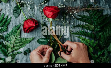 vue en grand angle d'un homme caucasien sur le point de faire un arrangement de fleur avec quelques roses rouges, sur un plan de travail gris rustique en bois Banque D'Images