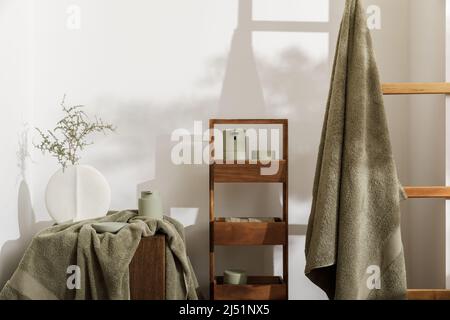 Accessoires de salle de bains modernes et esthétiques, tons vert eucalyptus. Serviettes de bain en coton biologique, distributeur de savon et de lotion pour capteur sur une souche en chêne massif. Dai Banque D'Images