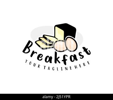 Petit déjeuner, pain, œufs, repas et nourriture, logo. Restauration, cantine, restaurant et restaurant, design vectoriel et illustration Illustration de Vecteur