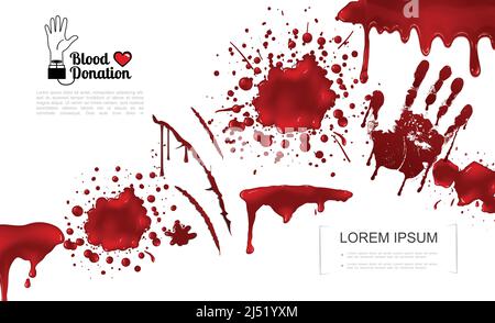 Modèle réaliste d'éléments sanglants avec des éclaboussures de sang splatters taches de buvard gouttes et illustration vectorielle de l'impression manuelle Illustration de Vecteur