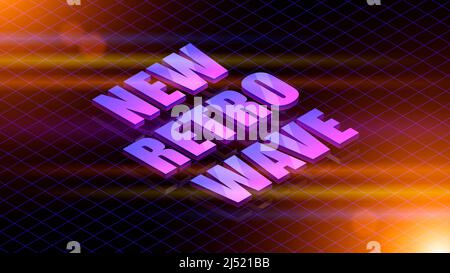 Arrière-plan de l'onde synthwave rétro. 3d quadrillage au néon et nouvelle inscription « vague rétro » sur fond de nuit sombre. Stylistique du 80s, jeux informatiques et musique électronique. Illustration 3D de haute qualité Banque D'Images