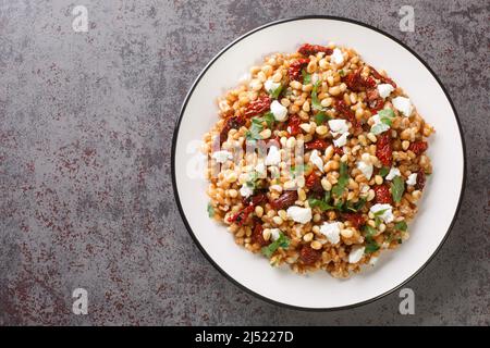 Salade de tomates Farro maison et fines herbes dans une assiette sur la table. Vue horizontale du dessus Banque D'Images