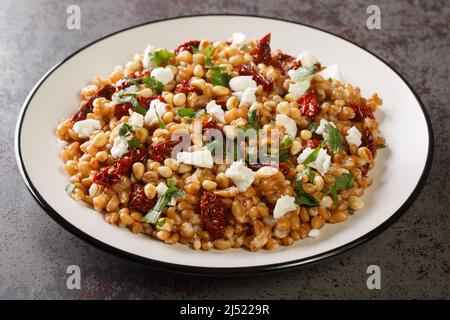 Épeautre de céréales à grains entiers cuits en salade avec légumes et fromage feta dans une assiette sur la table. Horizontale Banque D'Images