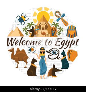 Concept de voyage en Egypte plate avec des symboles égyptiens traditionnels colorés illustration vectorielle isolée des éléments et Illustration de Vecteur