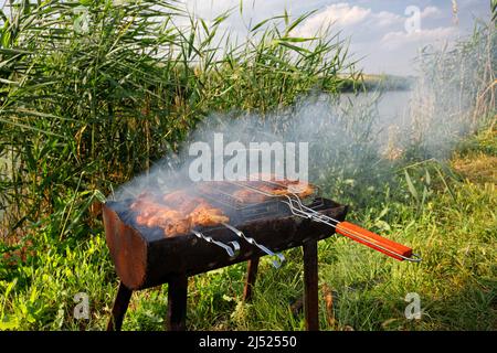 Les brochettes de poulet sont frites sur des brochettes et une grille grillée Banque D'Images