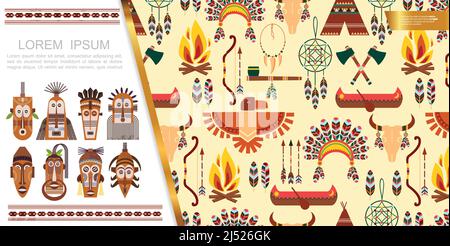 Concept d'éléments ethniques africains plats avec masques tribaux flèches arc plumes porte-tête crâne de taureau rêve attrape bateau tomahawks aigle fumer feu de camp Illustration de Vecteur