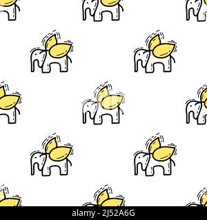 Motif sans couture avec l'éléphant d'illustration avec des ailes un style doodle noir jaune couleur sur fond blanc Illustration de Vecteur
